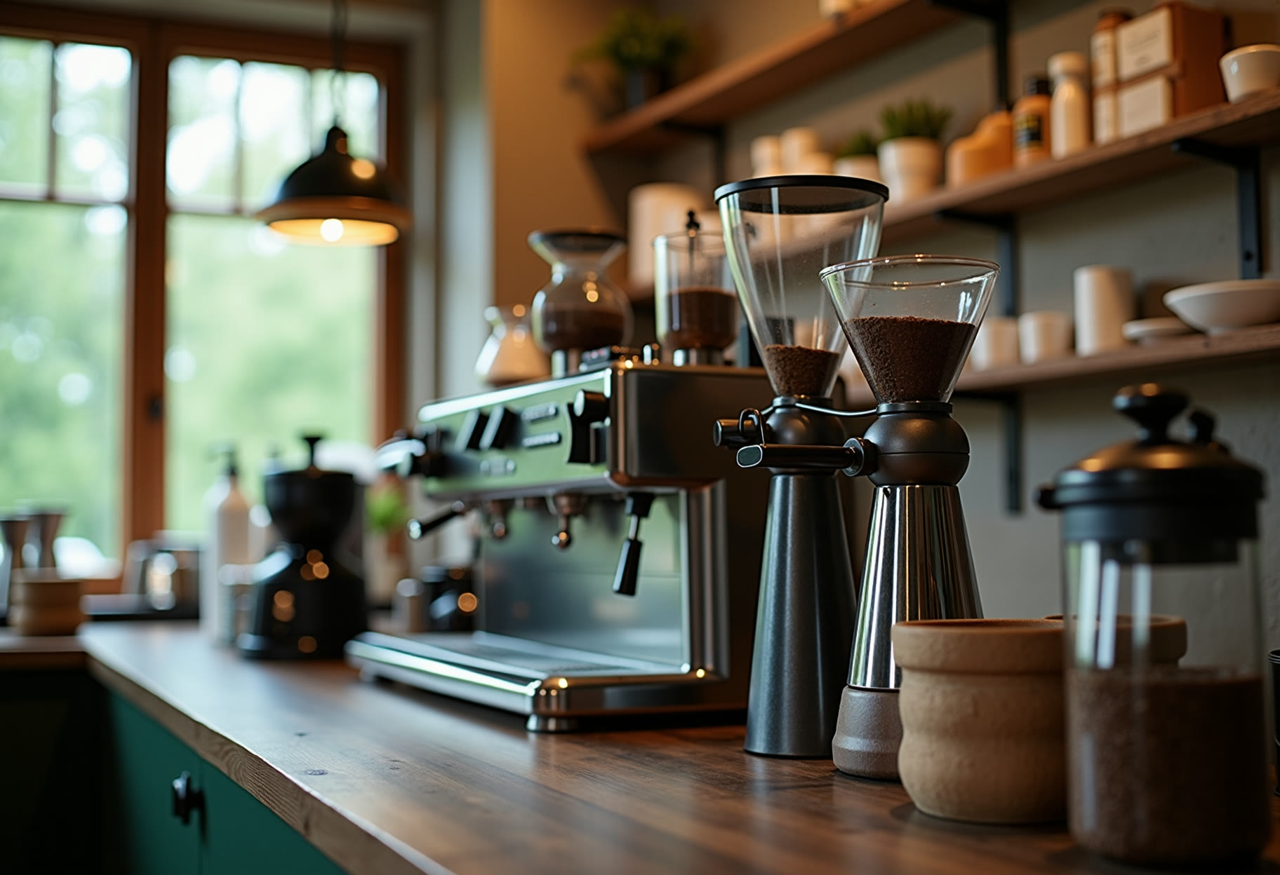 Batch brewer and grinders lined up on the back bar